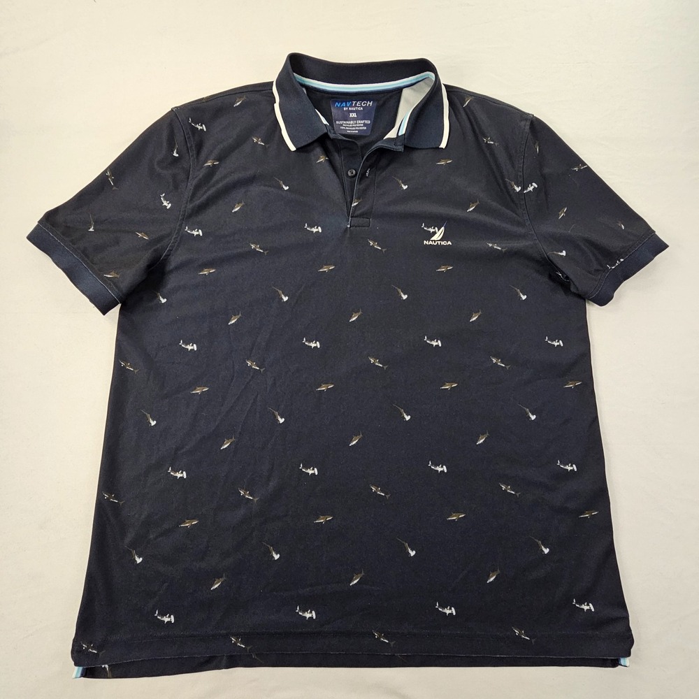 Discovery Shark Week Nautica NAV Tech Shark Print Blue Polo Shirt Men's 2XL